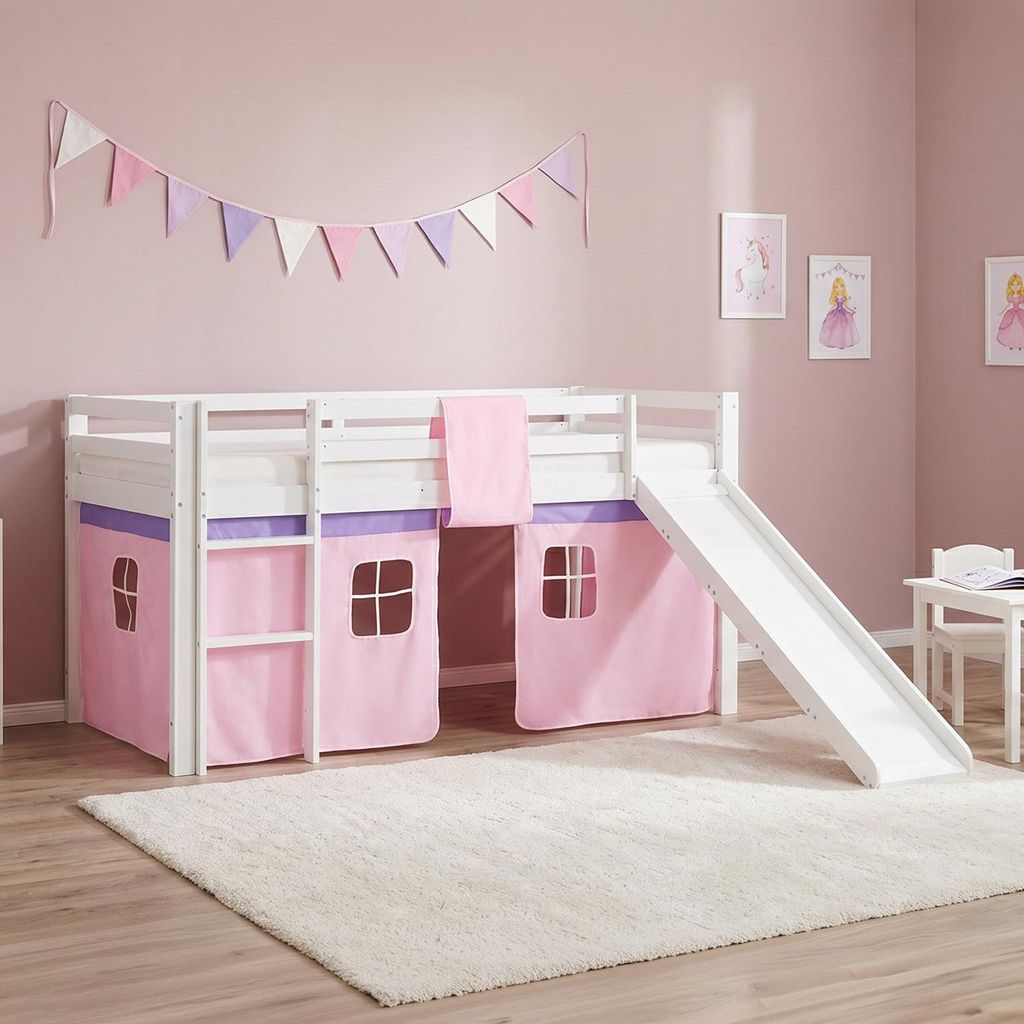 Homestyle4u Hochbett 90x200 Rutsche Lattenrost Vorhang Rosa Produktbild 