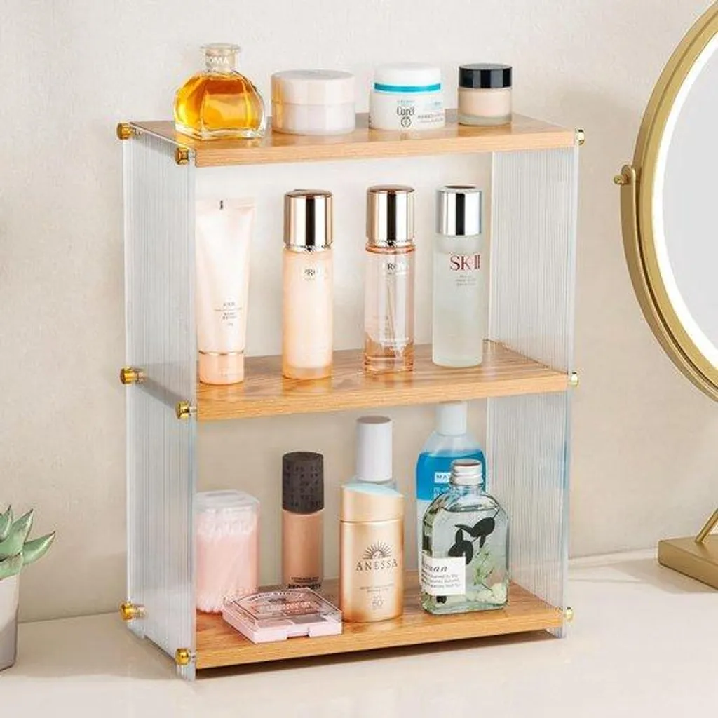 Organiseur de cosmétiques pour coiffeuse et salle de bain bois/acrylique 3
