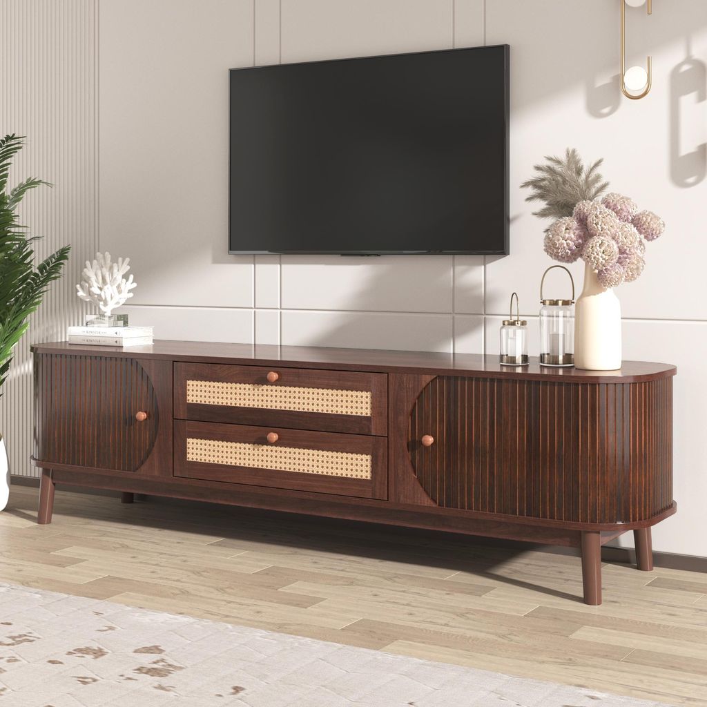 MODFU Meuble TV Bas en Bois Naturel, 2 Portes Coulissantes Image du produit 