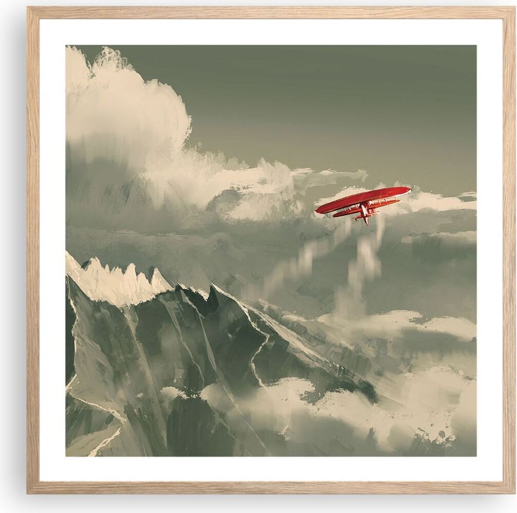 Gerahmtes Poster - Rahmen in heller Eiche - Rot Flugzeug Berge - 60x60 cm - Wand Bild - Wanddeko - Wandbilder - Kunstposter - Wandposter - Bilderra...
