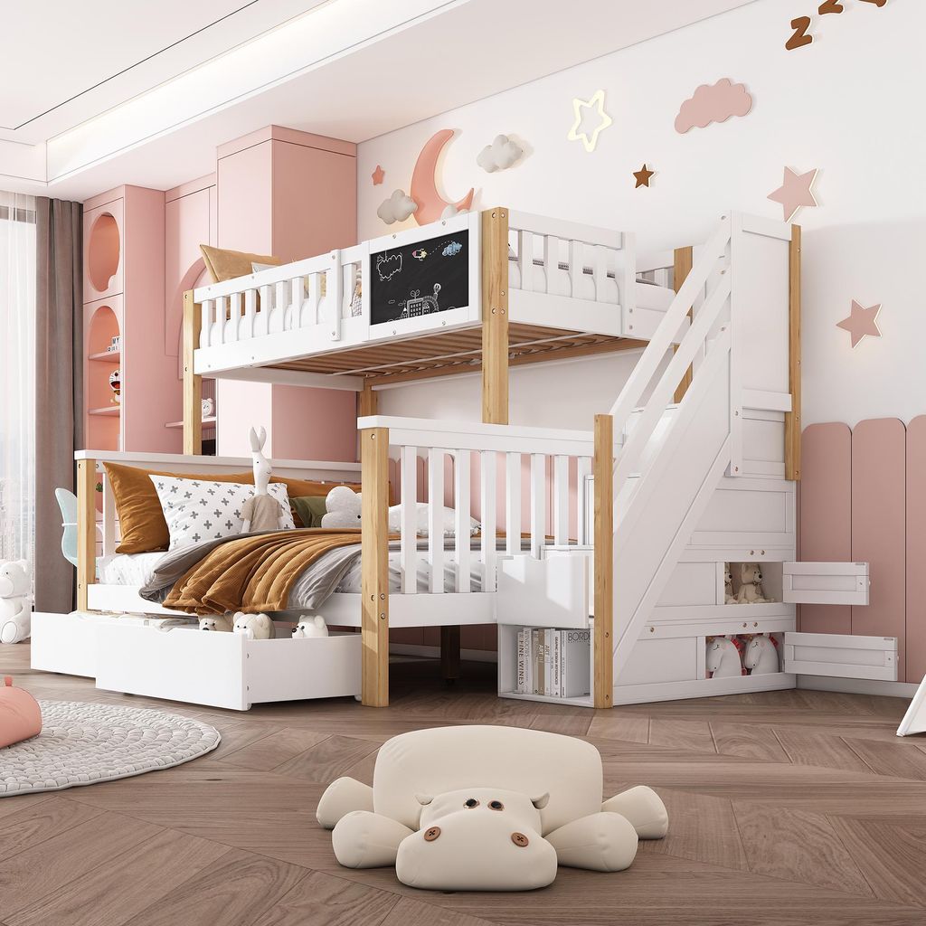 Flieks Etagenbett mit Rausfallschutz, Hochbett mit Treppe, Kinderbett mit Schubladen und Tafel, Massivholzbett Stockbett 90x200cm / 140x200cm