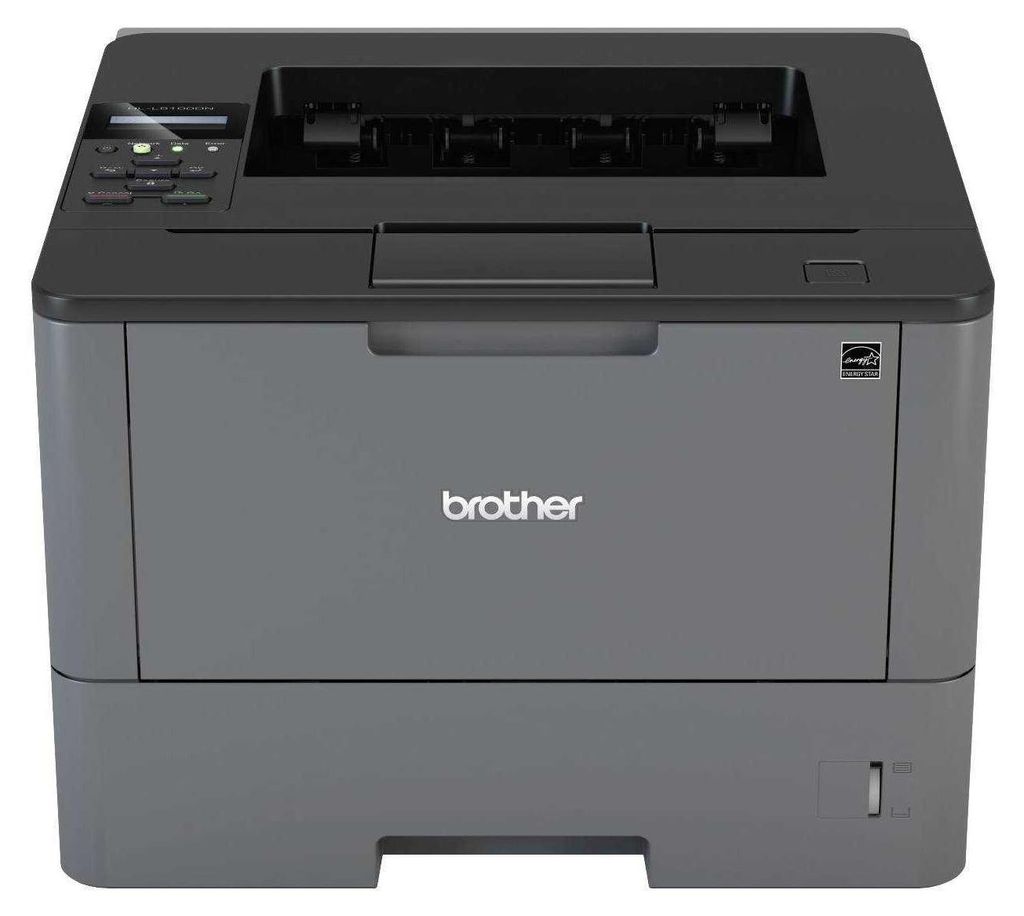 A front view of a Brother laser printer.