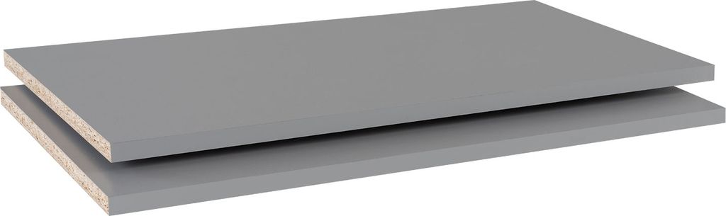 Two gray shelves are stacked on top of each other on a white background.