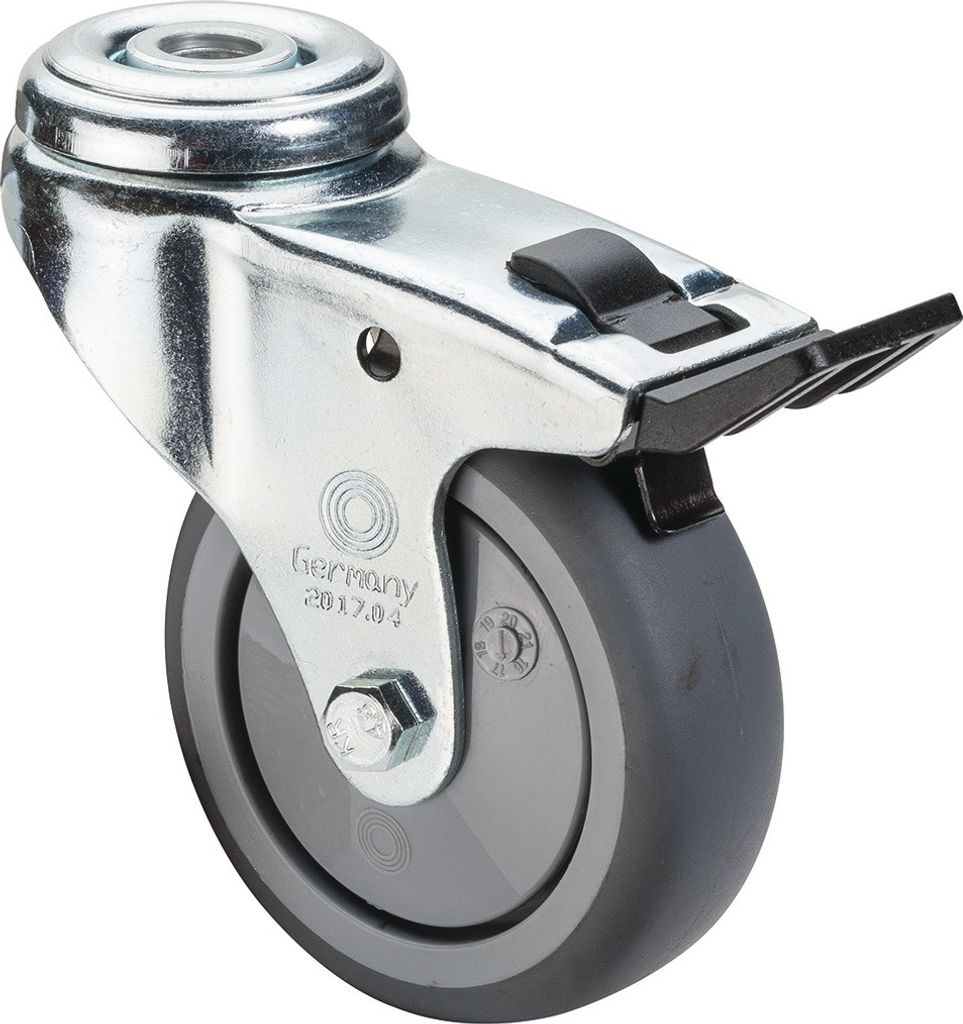 Lenkrolle m.Feststeller D.50mm Trgf.50kg m.Rückenloch Kugell.Gum.grau