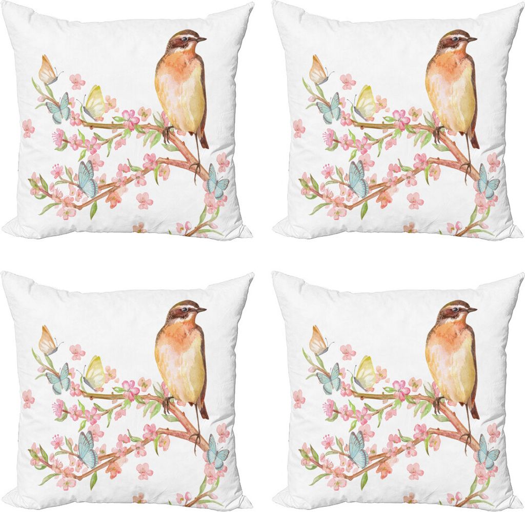 ABAKUHAUS Frühling Kissenbezug Set (4 Stück), Vogel auf einem blühenden Baum, Moderner Doppelseitiger Digitaldruck, 60 cm x 60 cm, Mehrfarbig