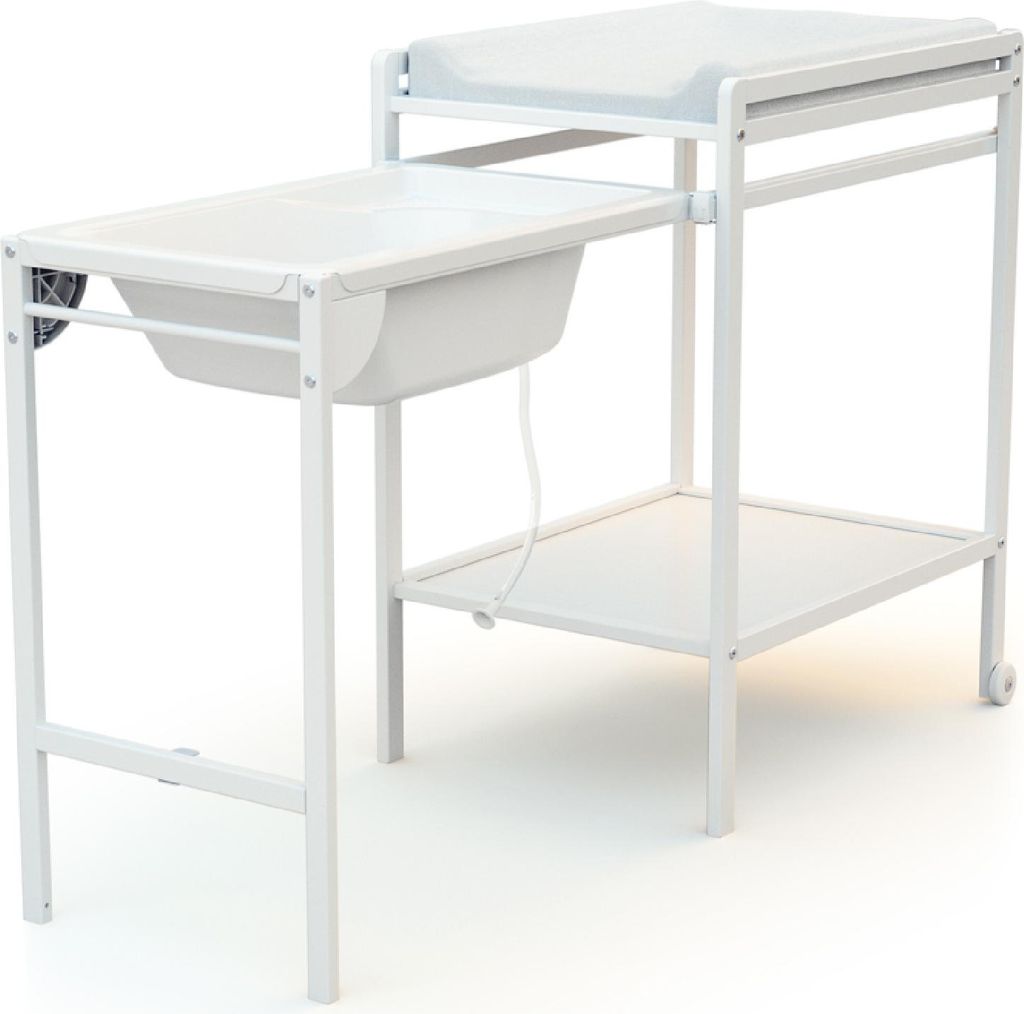 WEBABY - Wickeltisch mit Badewanne ESSENTIEL Weiß | Maße aufgeklappt (L x B x H): 148 x 58 x 94 cm | Tisch mit Rollen | Mit Ablaufschlauch