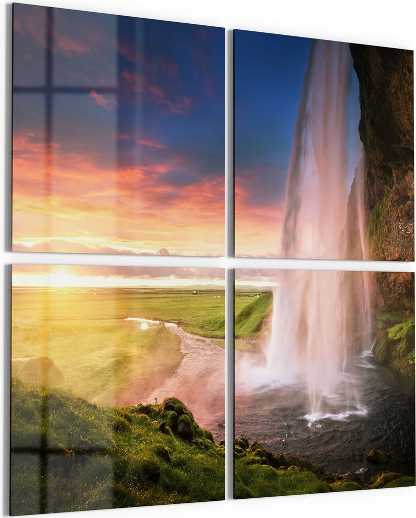 DEQORI Glasbilder Acryl 4x50x50 cm 'Seljalandsfoss Wasserfall' Wandbilder XXL groß