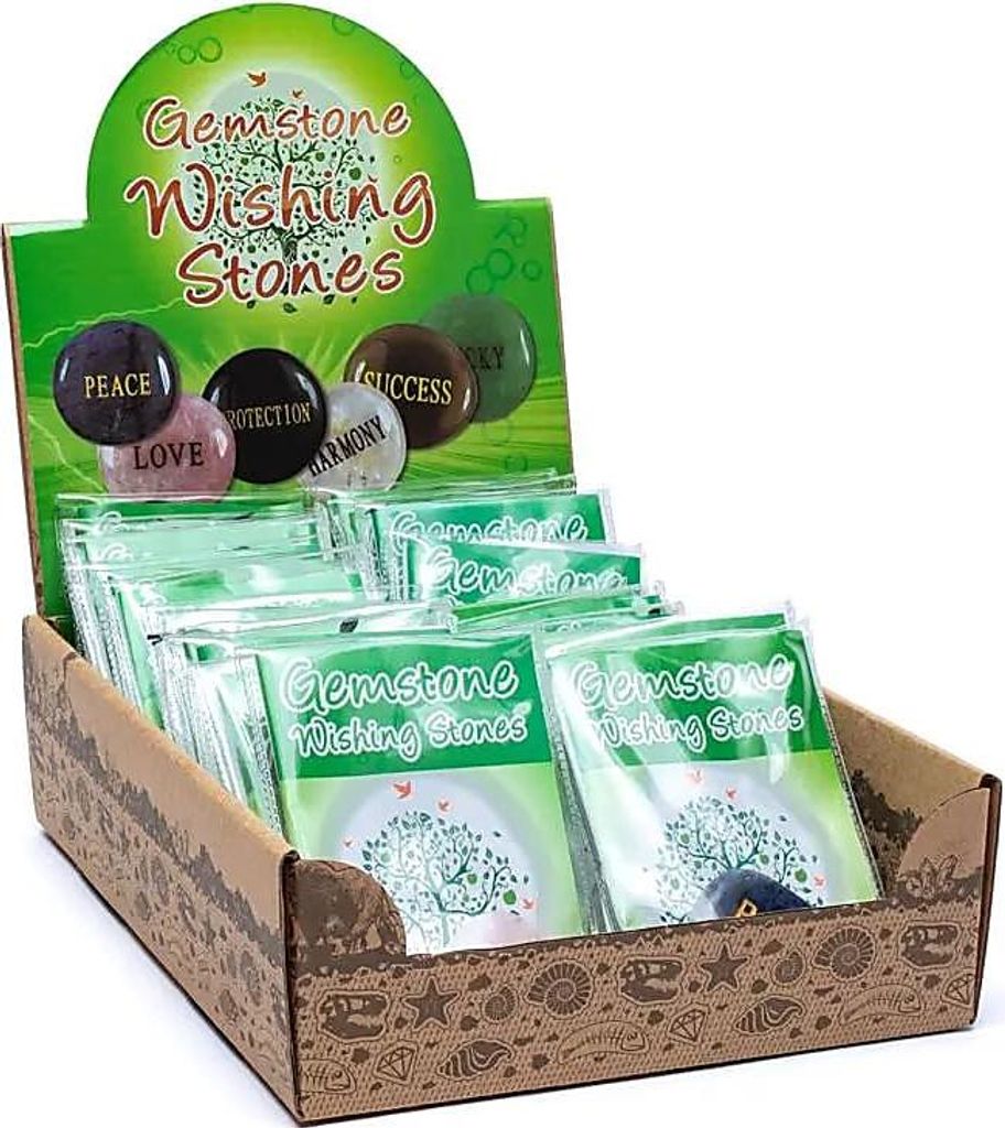 Edelstein-Wunschstein-Display mit 24 Stück – ± 35–45 cm; ± 20 g Packung mit 24 Stück – ± 3,5–4,5 cm; ± 20 G Packung mit 24 Stück