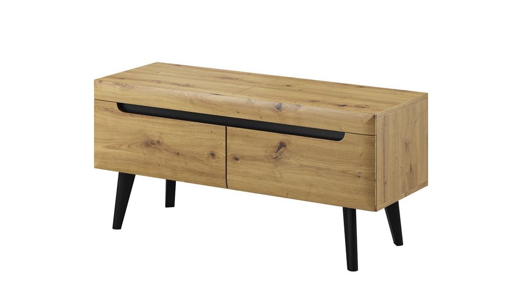 BETTSO TV-Schrank TV-Möbel TV-Tisch TV-Regal Lowboard für das Wohnzimmer mit 2 Schubladen auf hohen Holzbeinen NODIS Braun Artisan Eiche mit Schwarz