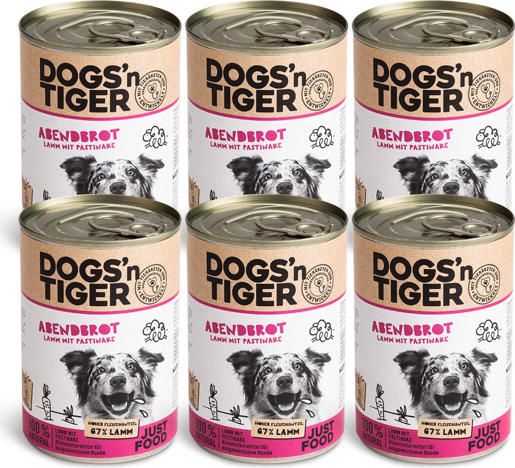 Dogs’n Tiger Adult Premium Hundefutter, Abendbrot, Nassfutter, Getreidefrei, Lamm, Pastinake & Gesund-Kräuterpaket, 6x400g