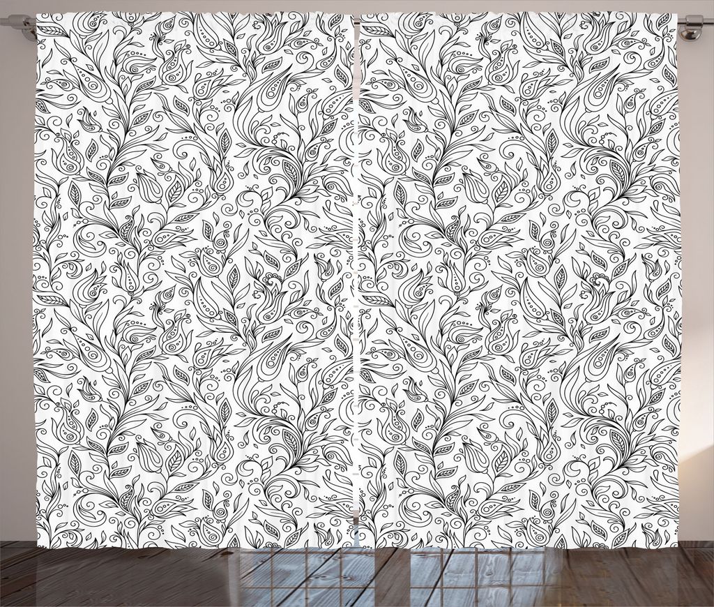ABAKUHAUS Schwarz-Weiss Rustikaler Gardine, Skizze Blumen-Strudel, Schlafzimmer Kräuselband Vorhang mit Schlaufen und Haken, 280 x 245 cm, Schwarz...