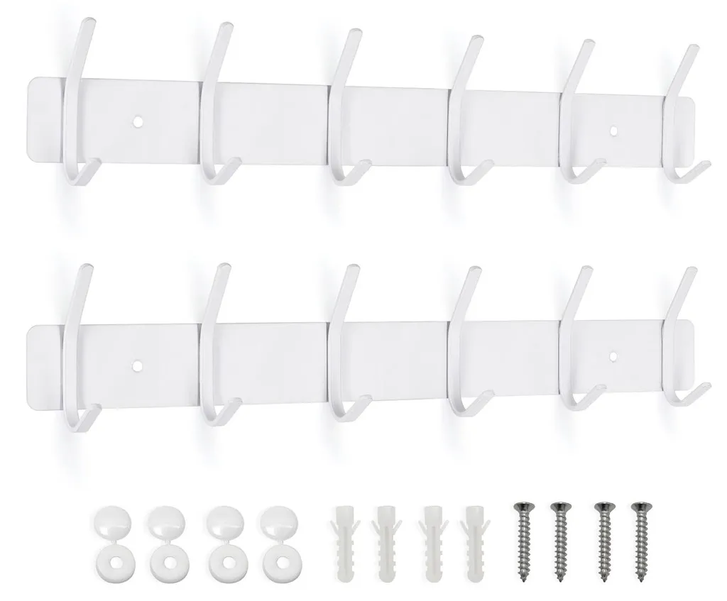 Gagnez de la place avec ce lot de 2 crochets muraux blancs 6 têtes en acier