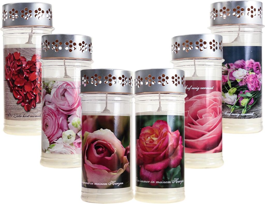 Edle Grabkerzen mit Blumenmotiv für stimmungsvolle Grabbeleuchtung Ø7cm H18,5cm 6St