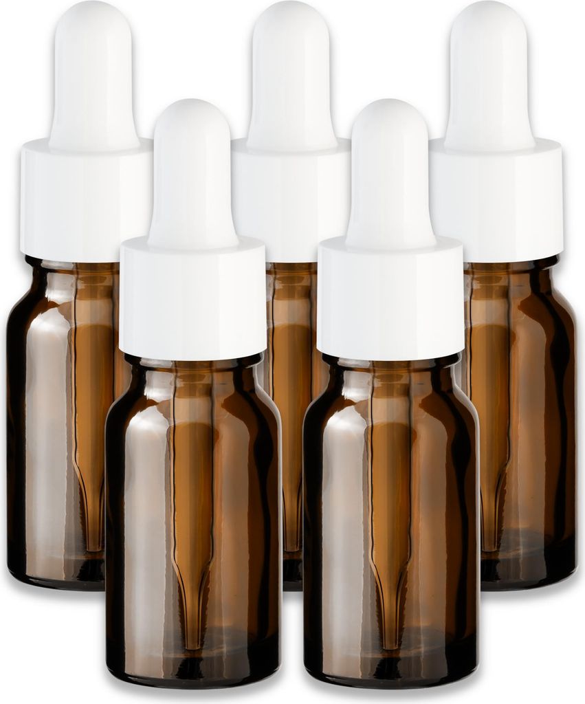 5x Braune Glasflasche 10 ml mit weißer Pipette Mini Tropfflasche Set