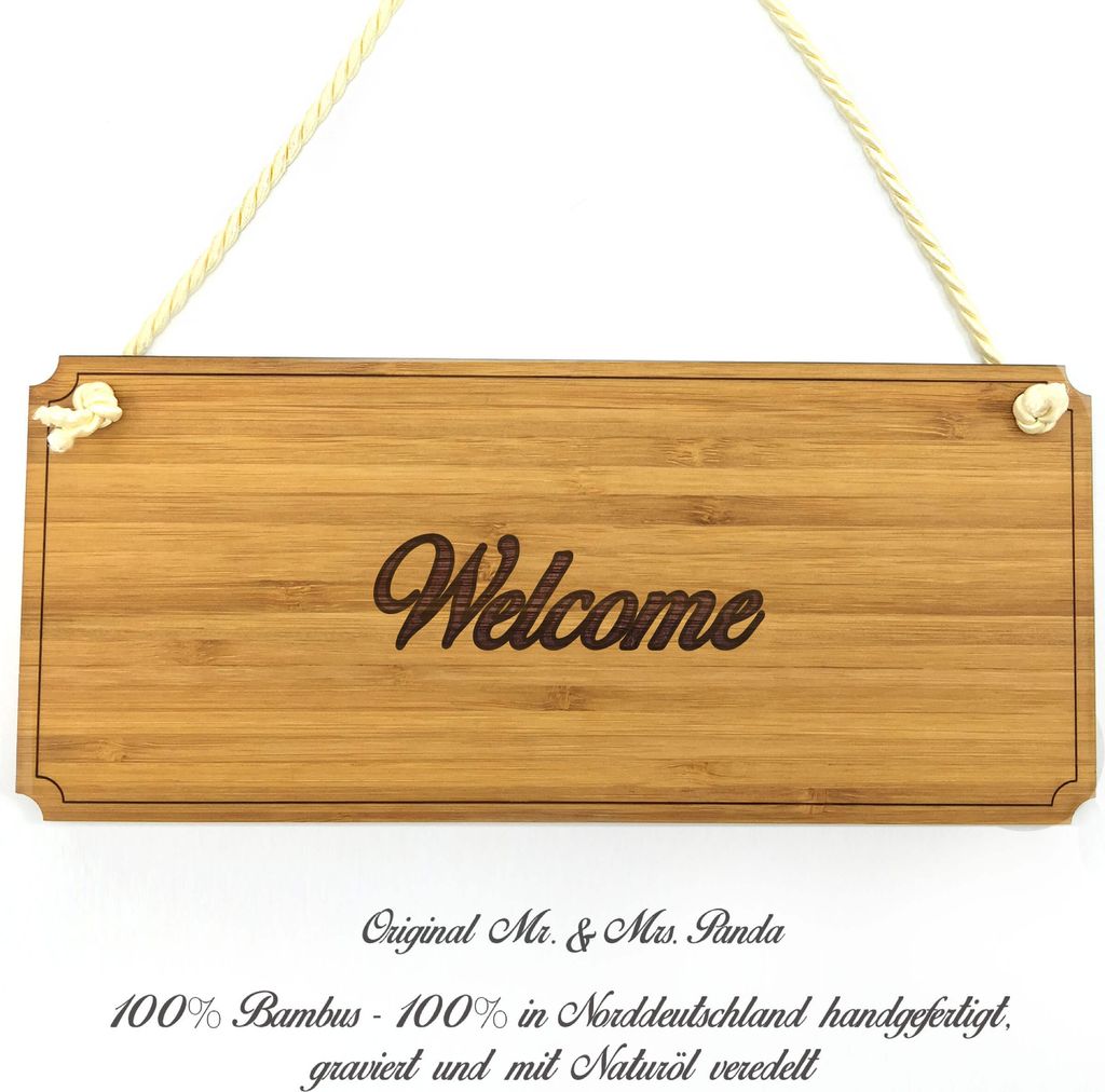 Mr. & Mrs. Panda Schild Welcome - Geschenk, Holz Türschild, Shabby, Graviert, Landhaus, Wegweiser, Infotafel, wandtafel, Geschenkidee