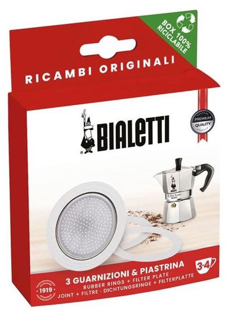 The image shows the retail packaging for Bialetti coffee maker replacement parts.