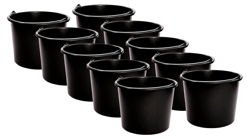 Baueimer - schwarz - 10er Set - 12 Liter - Mörteleimer - Metallbügel - Griffrolle - Litereinteilung - sehr robust - für den Transport von Bausch...