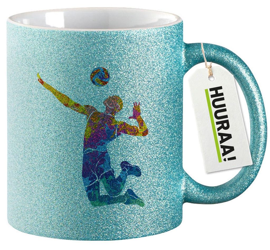 Huuraa Glitzertasse Volleyballer bunte Silhouette 330ml Blau Keramik Kaffeebecher Geschenkidee