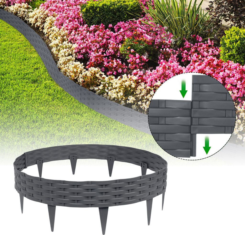 XMTECH 30m Rasenkante Beeteinfassung Gartenpalisade in Rattan-Optik Beetumrandung Mähkante Randsteine aus Kunststoff, Anthrazit