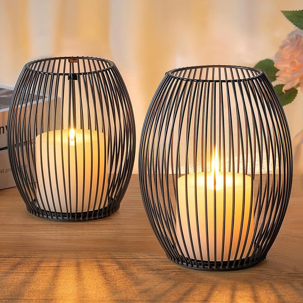 Vintage Tafeldekorationsset - 2 Metallkerzenhalter für Stumpenkerzen - Weihnachten, Wohnzimmer, Schlafzimmer, Badezimmer Dekoration - Schwarz