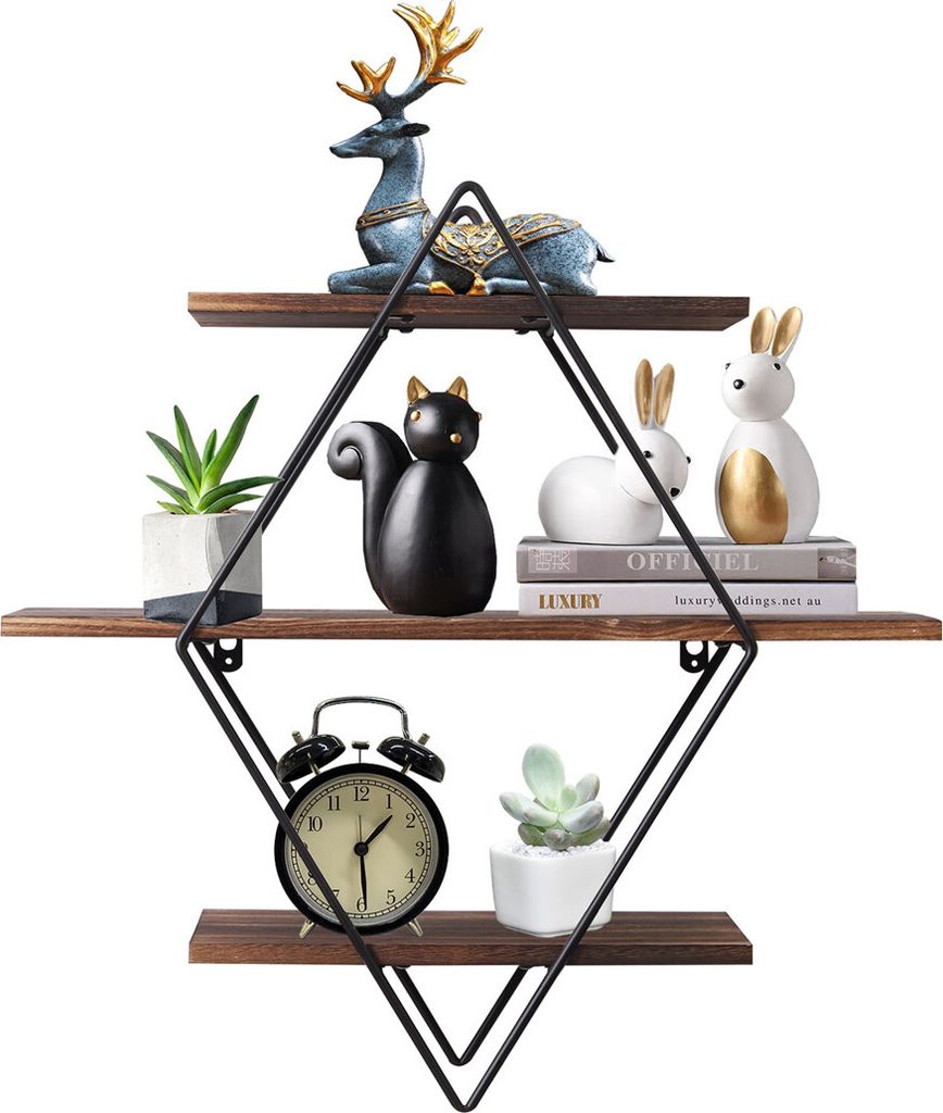 A diamond-shaped wall shelf with three wooden shelves, decorated with various items.