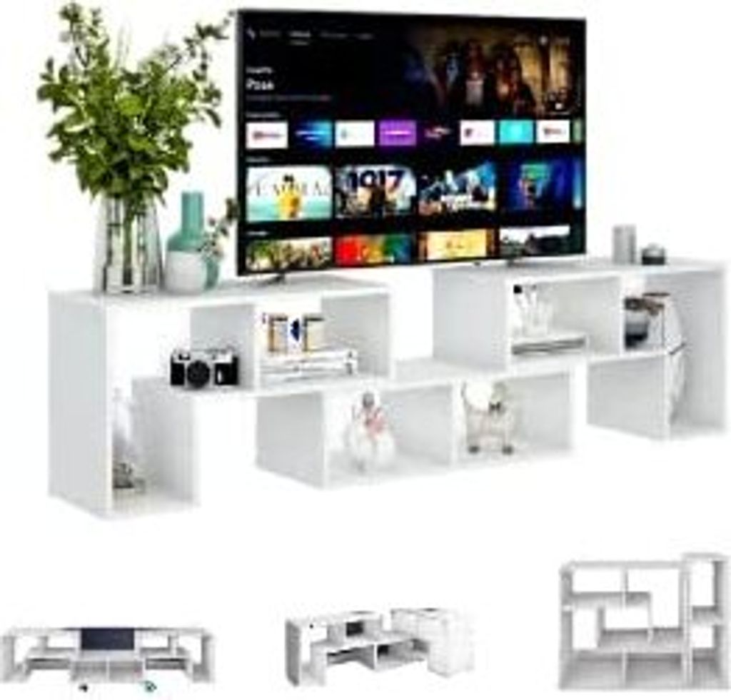 A white TV stand with a television on top, and decorative items on the shelves. Several smaller images of the TV stand are shown below.