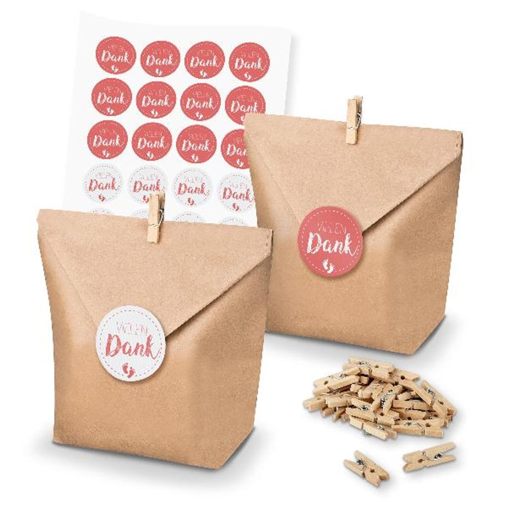 itenga SET 24x Geschenktüten + Klammern Vielen Dank / Fußabdrücke (Motiv 150)