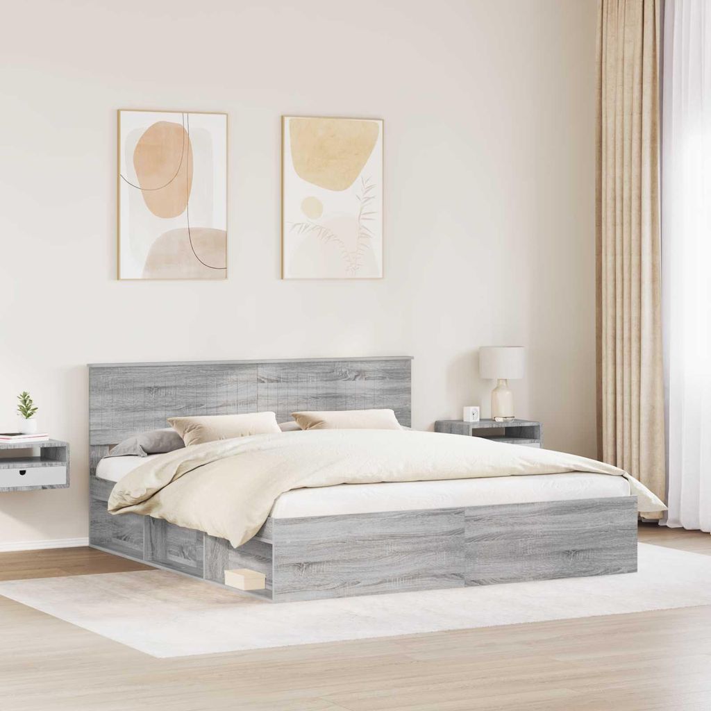 (Design 2026) Bettrahmen Graues Sonoma 180 x 200cm Massives Kiefernholz - HOMMIE 678319 - Klassische BettenJugendbett Tagesbett
