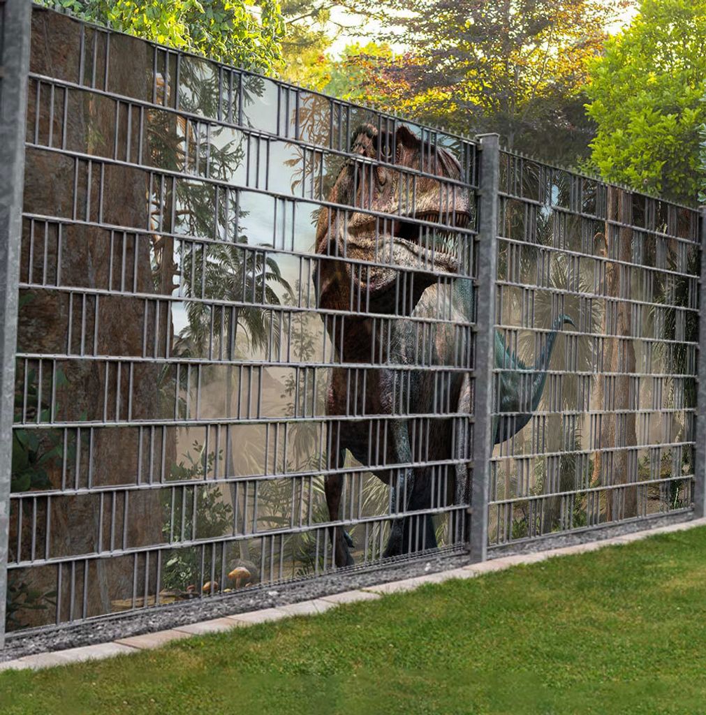 Sichtschutzstreifen T-Rex im Dschungel Sichtschutz Garten Zaun - Teil1 + Teil2 - 9 Streifen - 500x180cm