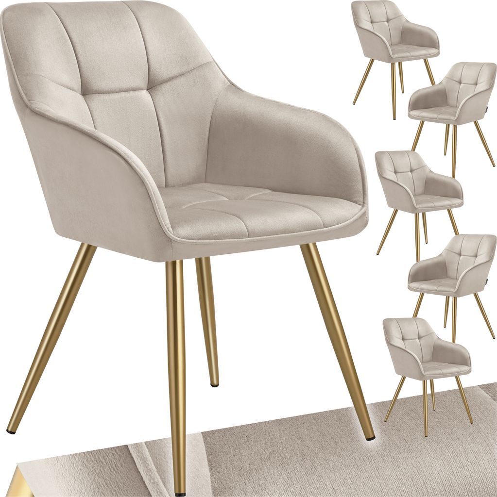 A collection of beige upholstered dining chairs with gold legs, presented on a white background.