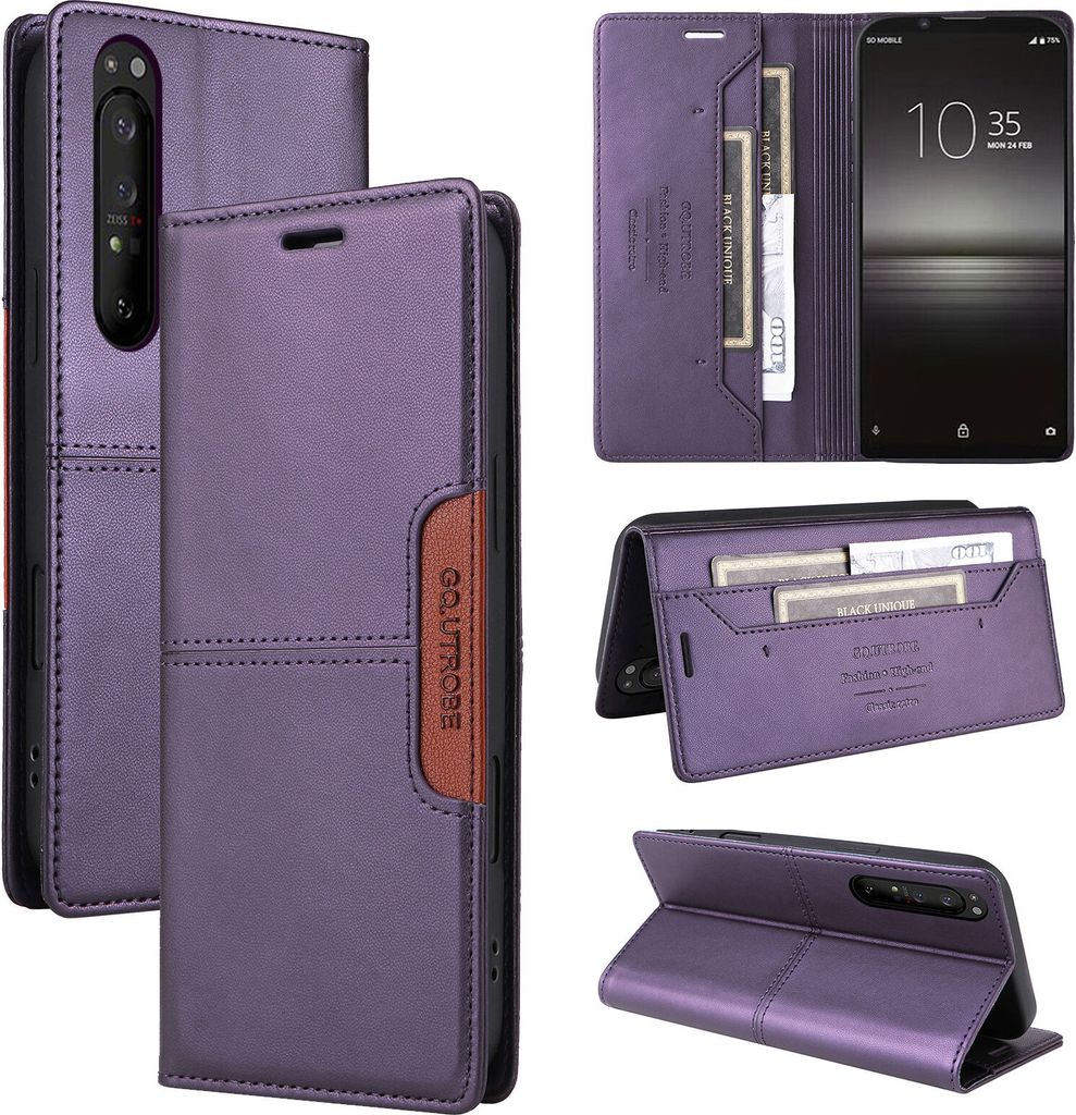Handyhülle für Sony Xperia 1 II Hülle, Leder Flip Wallet Kartenfach Stand Schutzhülle Lila