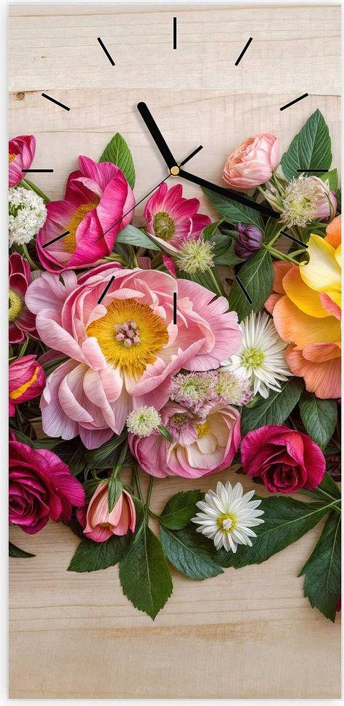 Wanduhr aus Glas mit Motiv Blumenbouquet- 30 x 60 cm - inkl. Aufhängesystem