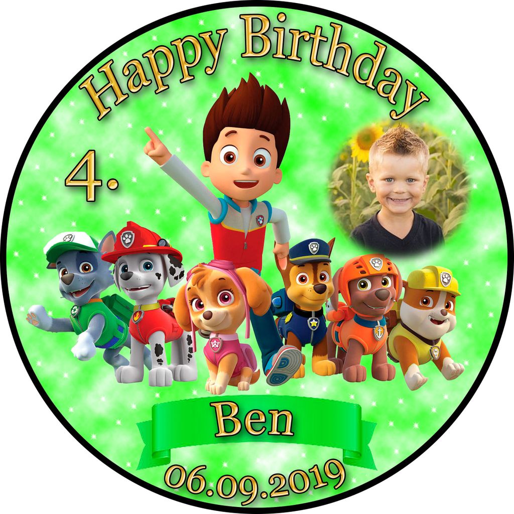 Tortenaufleger Fototorte Tortenbild Kindergeburtstag Paw Patrol PP02 (Zuckerpapier) Rund 14 cm Ø mit Banner & Foto Grün