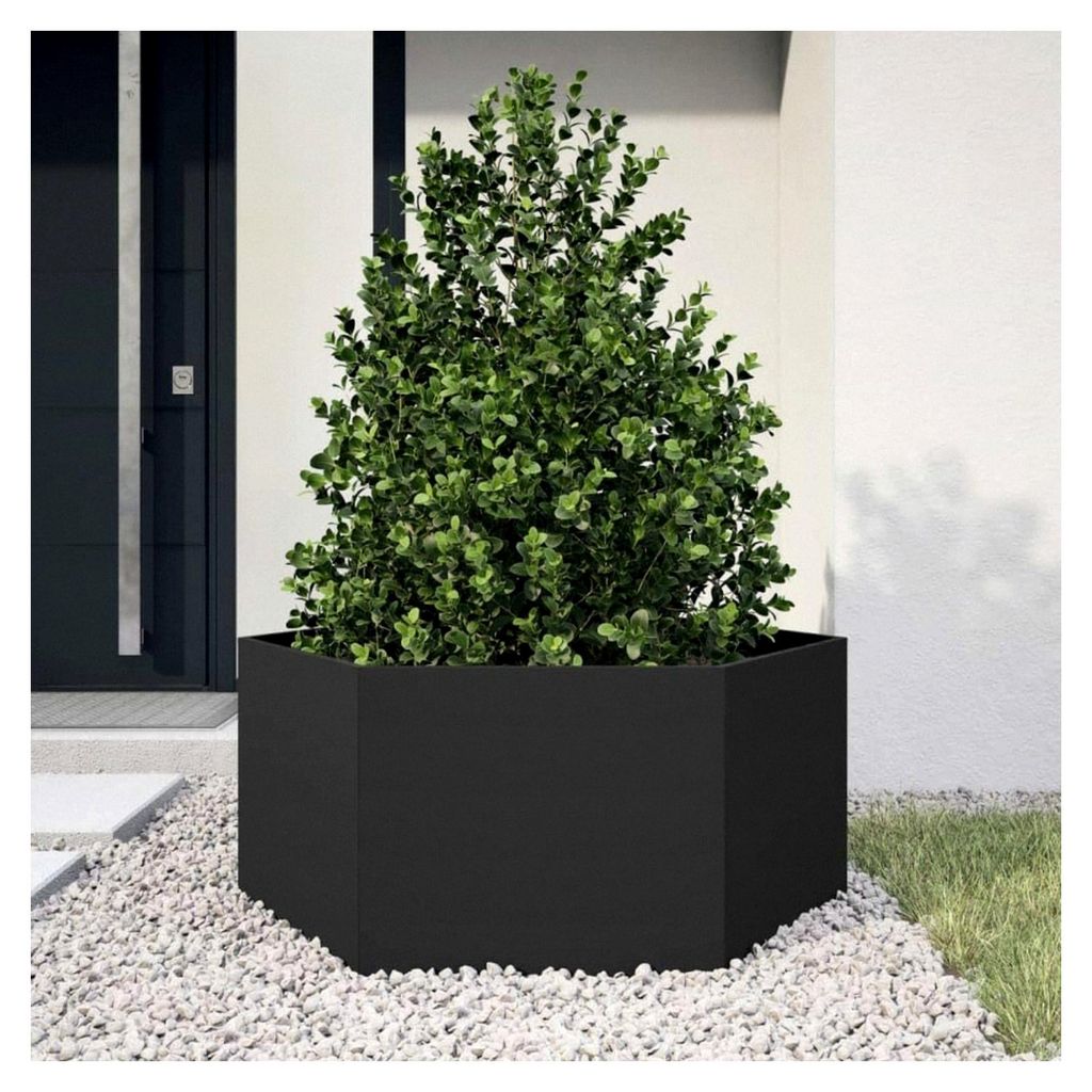 Sechseckiger Blumenkasten in Schwarz, 104 x 90 x 45 cm, aus Stahl, Hochbeet, Pflanzschale für Blumen und Sukkulenten, Terrasse und Balkon