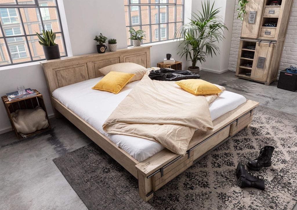 MASSIVMOEBEL24 Bett Mango 180x200 whitewash lackiert RAILWAY #342