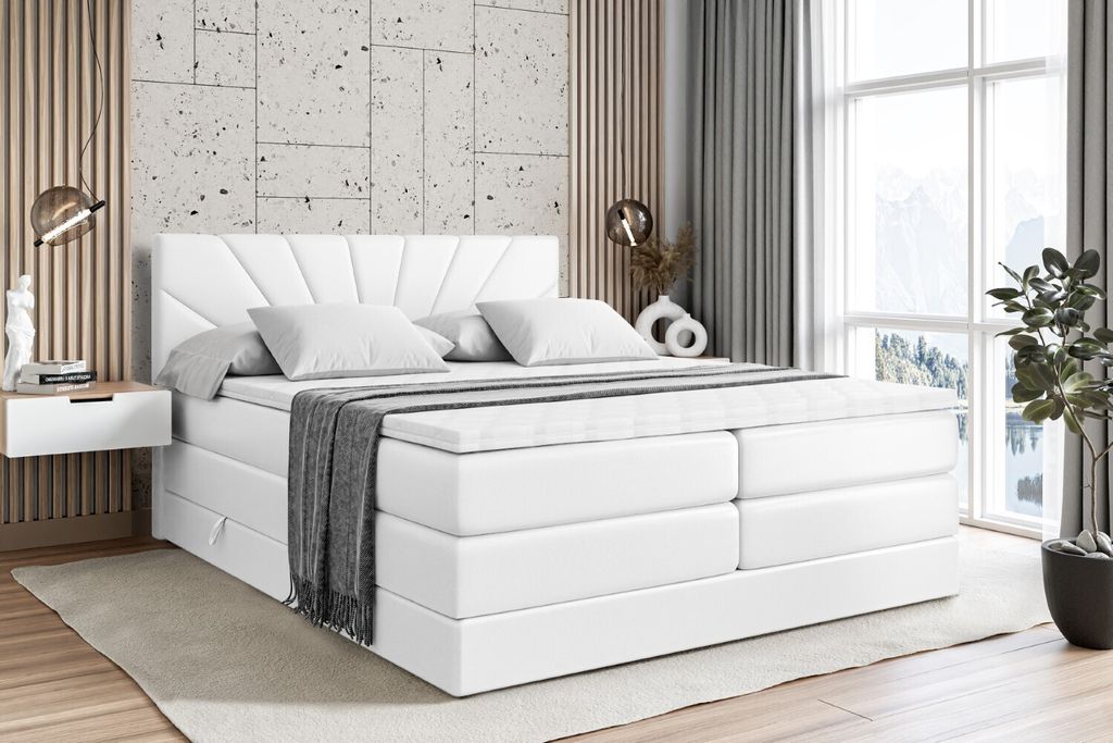 ALTDECOR Boxspringbett mit 2 Matratzen und Topper - 160x200 cm - MILTIO KING - Weiß Kunstleder - Polsterbett mit, H3- und H4- Matratzen, Bettkaste...