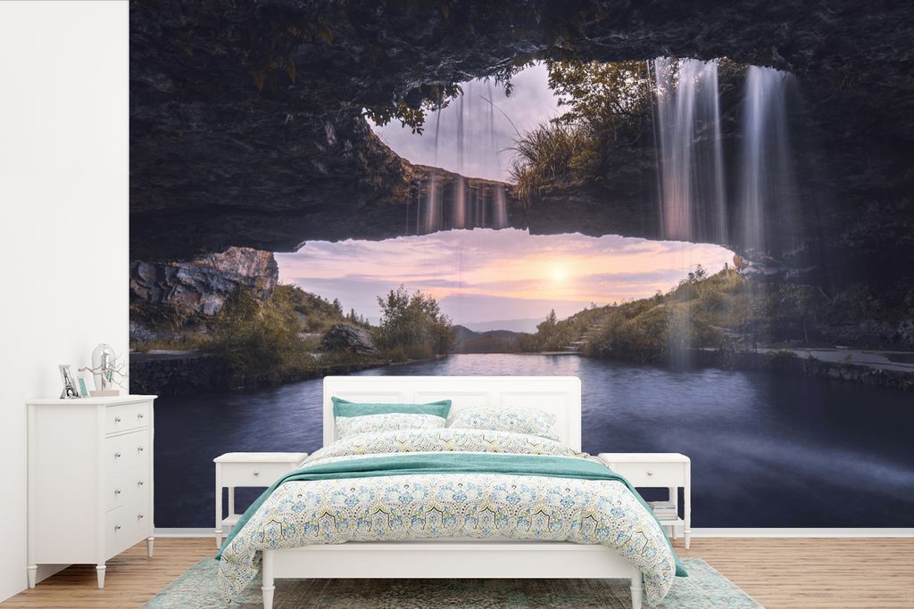 MuchoWow Fototapete für Wohnzimmer oder Schlafzimmer Wandtapete Vinyl Motivtapete Wasserfall - Höhle - Natur - 450x300 cm - Gemusterte