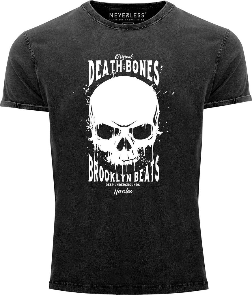 Neverless Herren T-Shirt Vintage Shirt Printshirt Skull Death and Bones Aufdruck Used Look Slim Fit schwarz XL