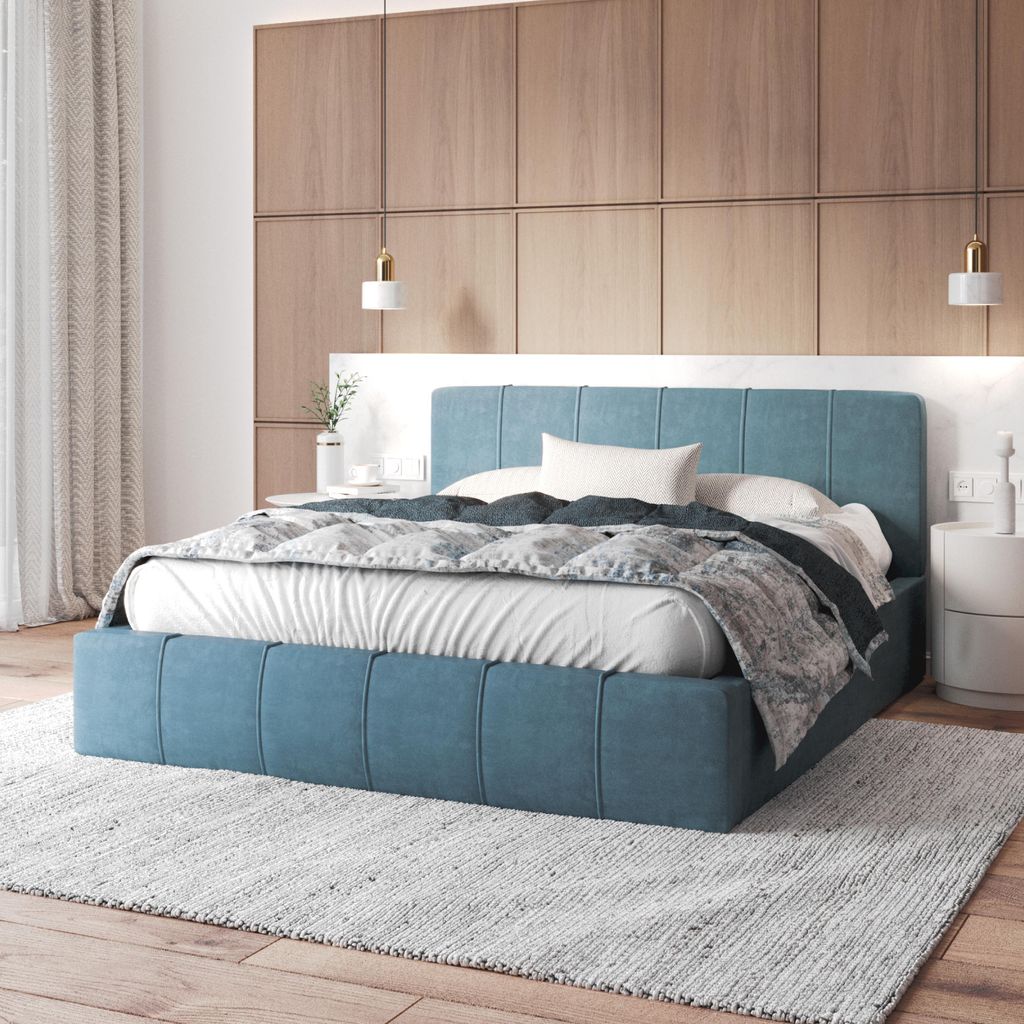 FDM Bett FLORIDA Trinity 120x200 cm Polsterbett mit Lattenrost aus Metall Bettkasten Stauraumbett Samt türkis