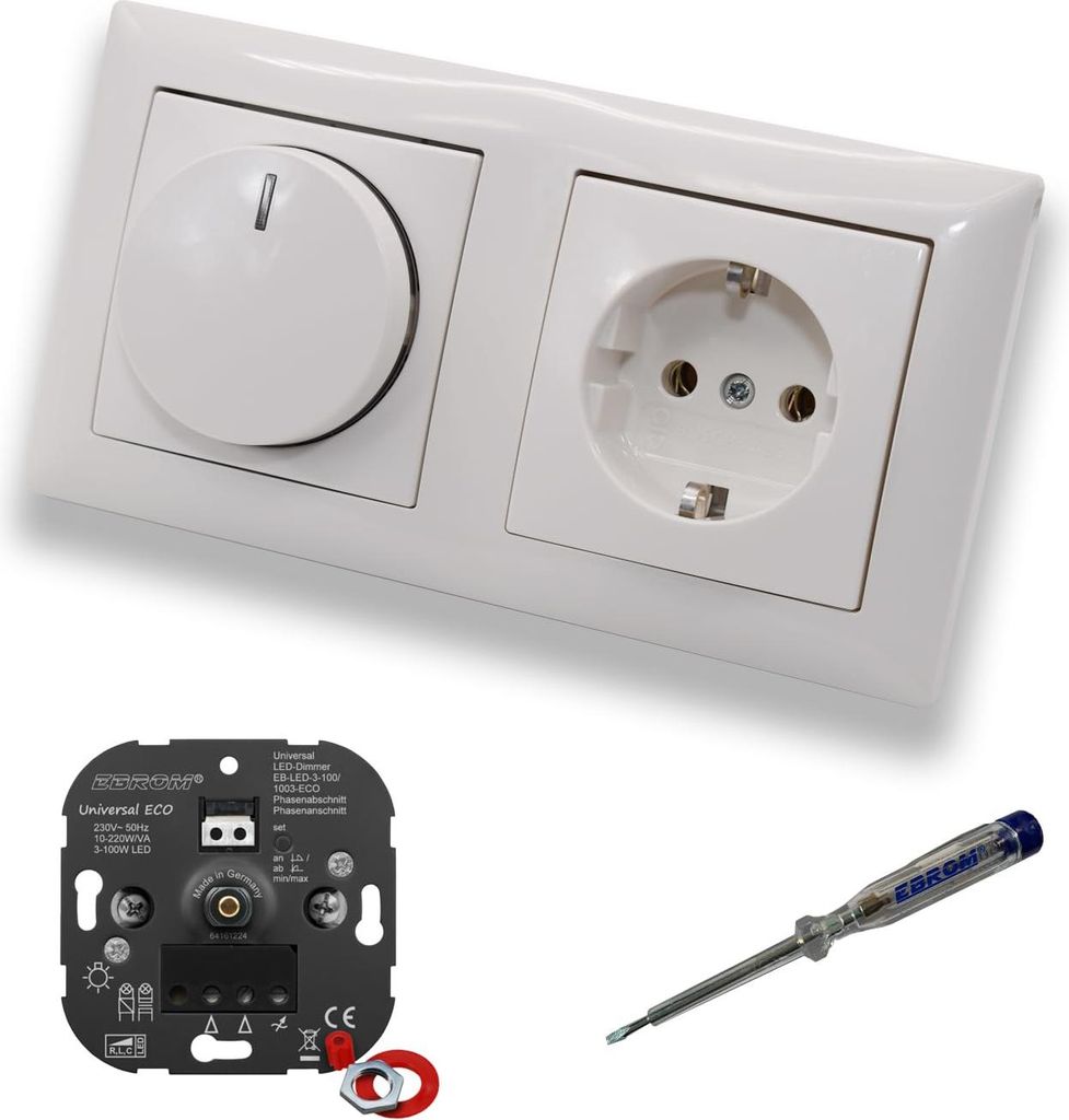 EBROM 1003 Universal ECO LED Drehdimmer Dimmer + Busch Jäger Dimmerscheibe 2115-914 und Steckdose mit Kinderschutz 20EUCKS-914 in Balance Si alpin...