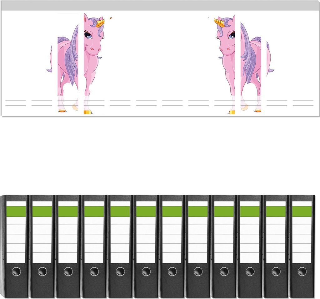 Wallario 12 Stück breite Ordner inkl. Klebeetiketten mit Motive Einhorn in rosa mit Schweif in lila II - Set mit Rückenschildern / Ordnerrücken...