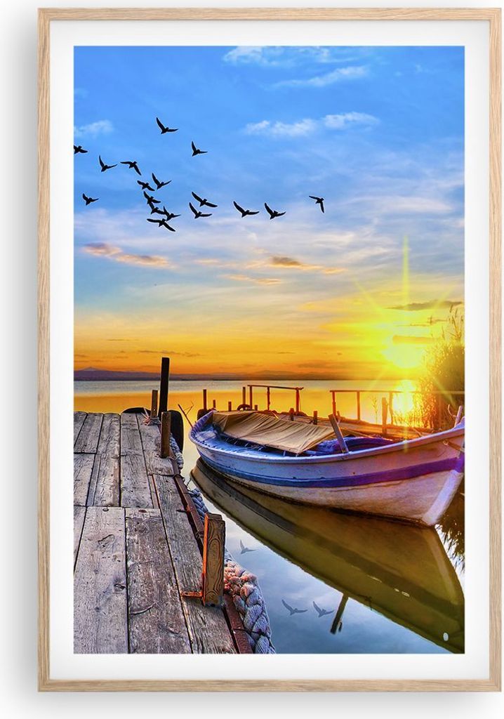 Gerahmtes Poster - Rahmen in heller Eiche - See Boot Wasser - 61x91,5 cm - Wand Bild - Wanddeko - Wandbilder - Kunstposter - Wandposter - Bilderrah...