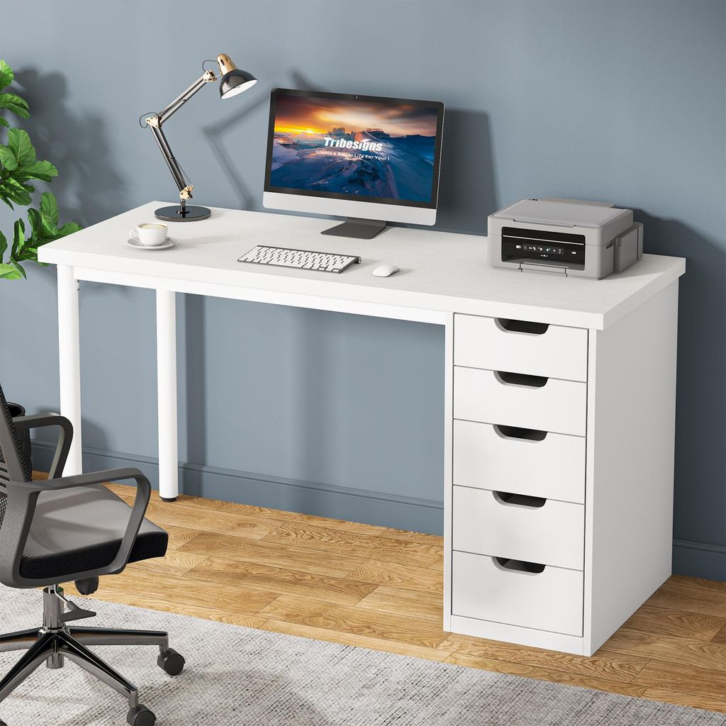 Scrivania per computer con 5 cassetti, bianca, moderna e Immagine del prodotto 
