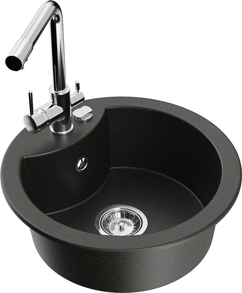 Mexen Diego 1-Becken-Granit-Spüle mit Mischbatterie Duero, Schwarz/Gold metallisch - 6512-75-671600-00