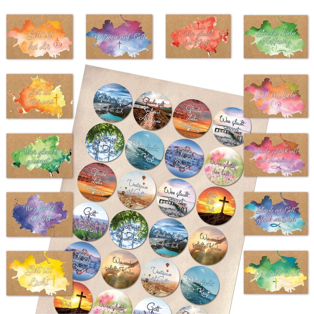 Geschenk SET 12 Sprüche Karten + 24 Aufkleber GOTT GLAUBE KRAFT