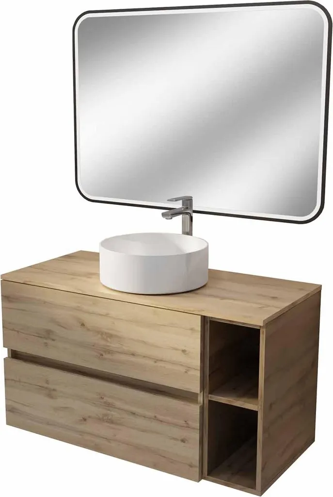 Aménager sa Salle de Bain : Meuble 100cm Chêne, Vasque et Miroir Lumineux