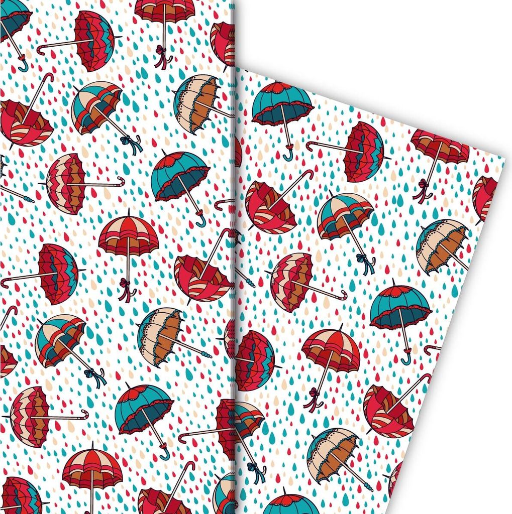Fröhliches Regen Geschenkpapier mit fliegenden Regenschirmen, rot - G10136, 32 x 48cm