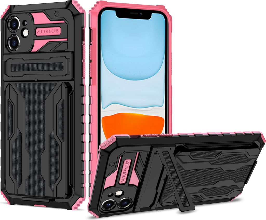 iPhone 11 Hülle, Hybrid Robust Schutz Stoßfest Schutzhülle mit Kartenhalter Ständer für iPhone 11 Rosa