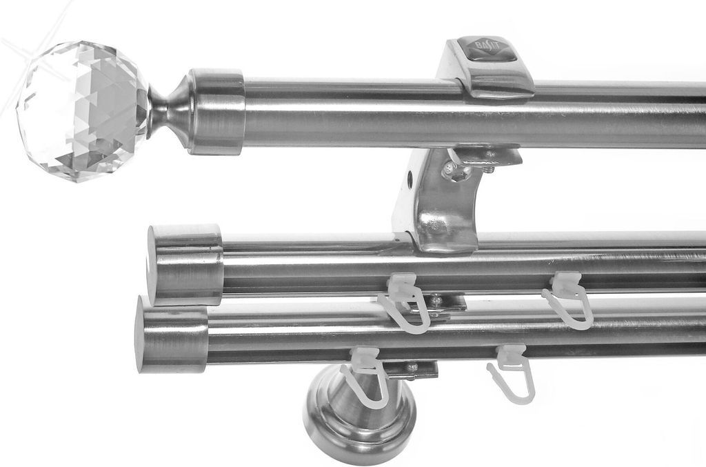 Rohr + 2 x Innenlauf Edelstahl Look Gardinenstange 20mm Wandträger 3-läufig mit Kristall Kugel H60 E87E30 RI+ 1x B20I