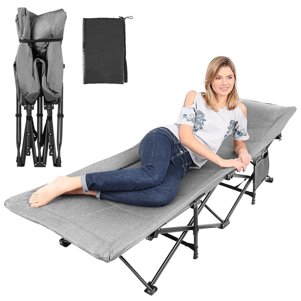 Lit Pliant de Camping Gris avec Matelas Moelleux et Poche de Rangement